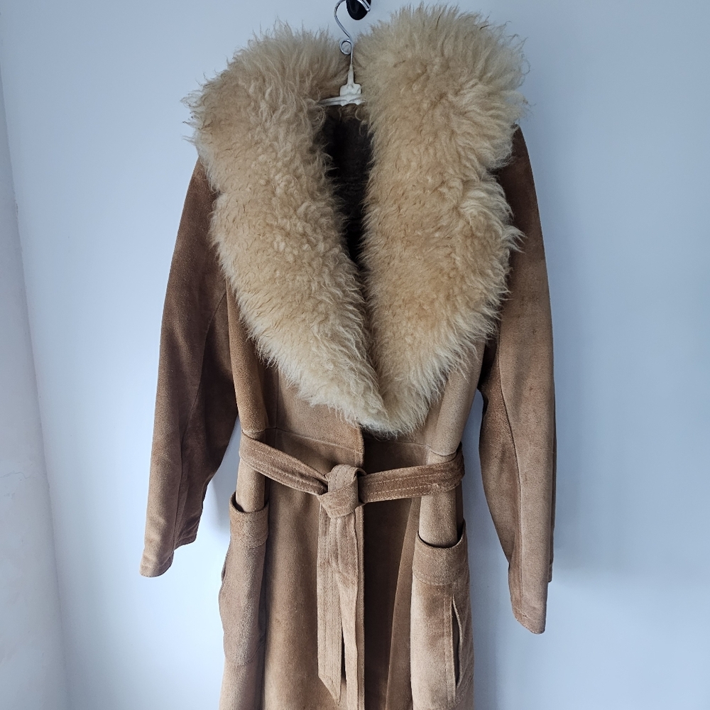 Vintage Genuine Suede Leather Tan Belted Pleated Pockets Pennylane Coat - Picture 4 of 16